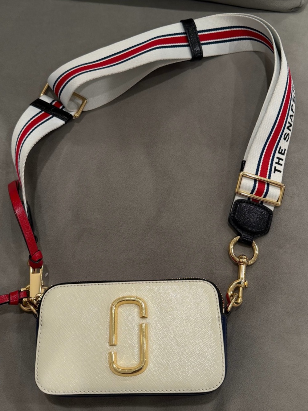 Authentic Marc Jacobs Cream Camera Crossbody with Striped Webbing Strap
